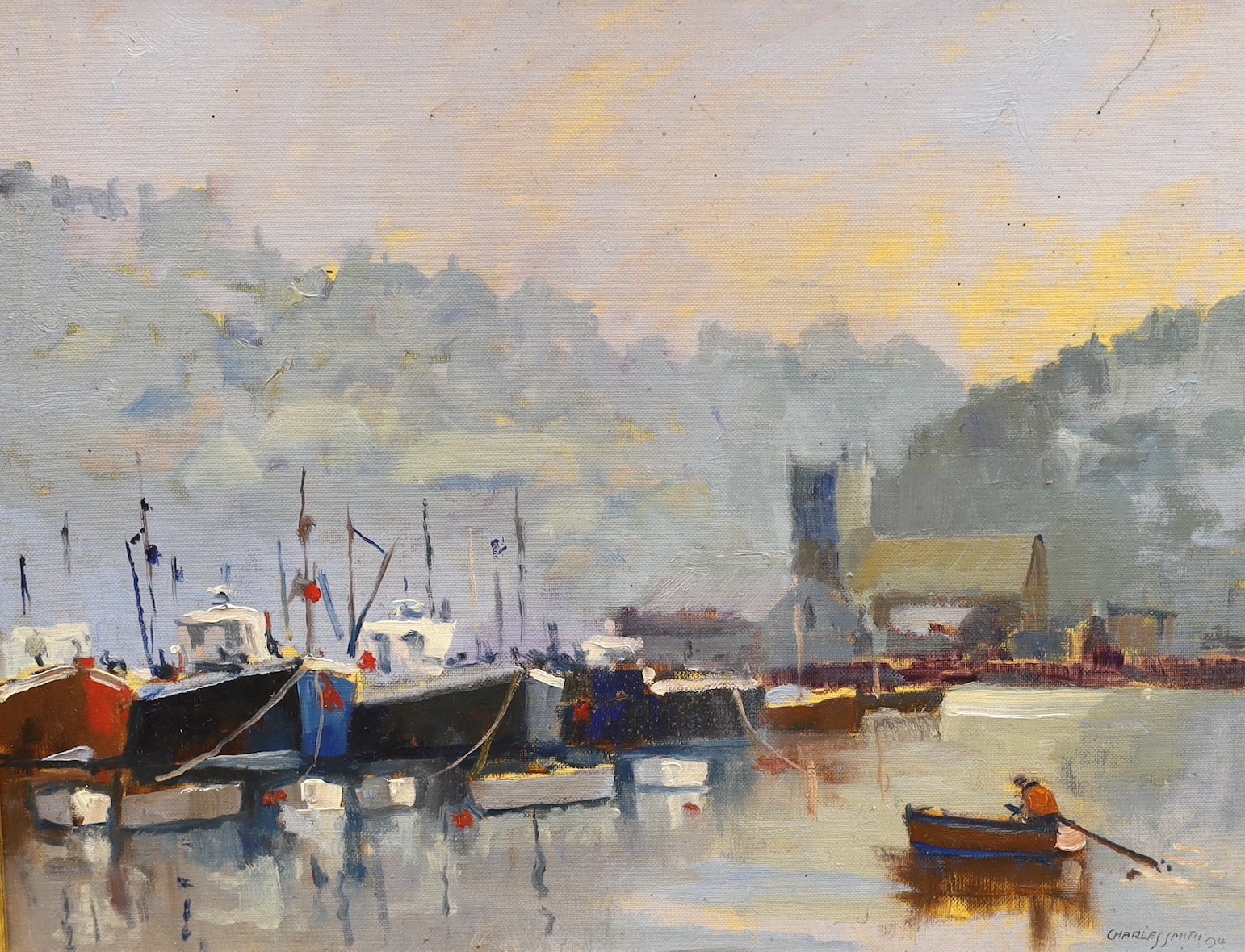 Charles Smith FRSA (1913-2003) (Wapping Group), oil on canvas board, Fishing boats in harbour, signed and dated '94, 39 x 50cm